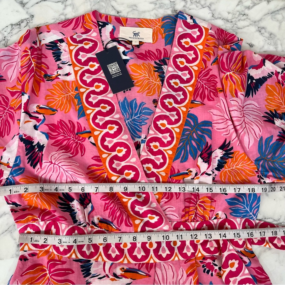 Printfresh Gabriela Midi Dress in Pelican Palms Pink Blue Wrap Style Large - Picture 9 of 16